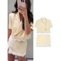 TFMLN Fashion Women Skirt 2-Piece Set Elegant Commuter Short Sleeve Button Jacket+Mini Skirt Casual Chic Lace Splice Suit