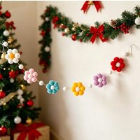 Nordic Style Handmade Pom-Pom Colorful Daisy Flower Garland for Decoration, Shelf Decoration, Wall Hanging Pom-Pom Pink Daisy Wreath, Holiday, Christmas, Wedding, Thanksgiving, Wall Decoration