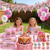 Pink Paw Patrol Theme Party Tableware Paper Plates Cups Napkins Tablecloth Paw Patrol Birthday Party Decoration Banner Balloons