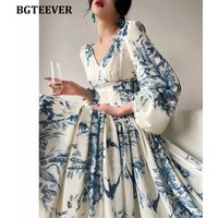 BGTEEVER-Robe florale vintage à manches bouffantes pour femmes, robe en mousseline de soie, col en V, taille fine, robe éducative française pour dames, printemps, automne