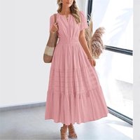 Women's 2025 Summer Casual Dress Solid V Neck Pleated Bubble Sleeves Elastic Waistband Plus Size Dresses Ruched Soft Long Dress