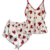 Heart Print Women's Pajama Set V Neck Spaghetti Strap Cami Top with Shorts 2 Piece Sleepwear Fashion Loungewear for Casual Wear