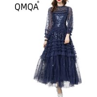 QMQA Fashion Women's Banquet Dresses Sequin Ruffle Edge Splicing Mesh Big Swing Party Maxi Dress 2025 New Elegant Clothing 1A814