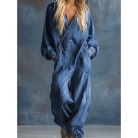 Fashion Street Loose Long Playsuits Elegant Single-breasted Cowboy Jumpsuit Autumn Casual Long Sleeve Solid Color Hooded Romper