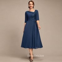 Mid-calf Mother of The Bride Dress Customized V Neck Half Sleeves Sequined Applique Pleat A Line Party Gown for Weddings