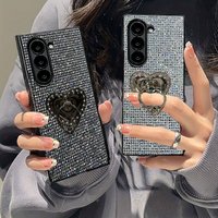 Luxury Love Heart Bracket Glitter Phone Case For Samsung Galaxy Z Fold 7 6 5 4 3 5G Ultra Thin Shockproof Bling Hard Back Cover