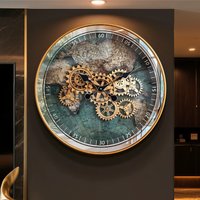 American Retro Creative Living Room World Map Wall Clock New Luxury Mid Century Mechanical Gear Silent Home Decor Clock