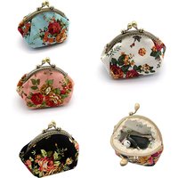 Women's vintage rose print canvas coin purse, kiss lock clip fabric purse card bag storage bag