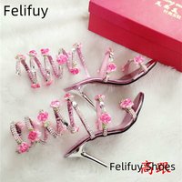 Flowers Bow knot Women Sandals Snake Strap Thin High Heels Summer Sexy Pointed Toe Luxurious gladiator sandals Party Dress Shoes