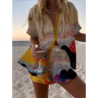 New Summer Women's Personality Temperament Elegant Fashion Digital Print Set Beach Leisure Vacation Commuting Top Shorts Sets