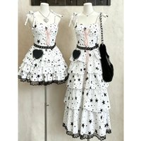 Japanese Sweet Sleeveless Strap Dress Stars Print Lace Patchwork Y2k Vintage Cake Slip Dress Women Kawaii Long Length Slim