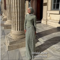 Customized Sequin Embellished Hajib Evening Dresses High Neck Full Sleeve A Line Formal Muslim Prom Dress فساتين سهرة