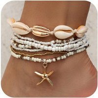 Summer Ankle Bracelet Set for Women, Gold Plated Boho Bead Adjustable Anklet, Hawaiian Beach Shell Starfish Foot Jewelry Gifts