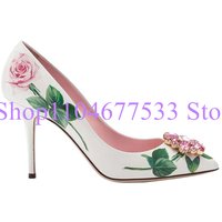 New Printed Flower Crystal Lady Pumps Shoes Fashion Thin High Heel Sandals Woman Sexy Leather High Heels Party Shoes