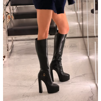 Winter new in Black leather platform knee high boots Brown Suede chunky heels booties Women's Luxury Designer Party Sexy Shoes