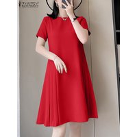 ZANZEA Summer Elegant Short Sleeve Work OL Dress Women Solid Pleated Dresses Casual Solid Party Vestidos Office Lady Sundress