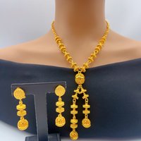 African 24k Gold Color Bead Necklace And Earrings Set Wedding Indian Long Jewelry Sets Bridal for Dubai Party Gifts