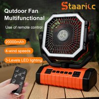 20000mAh Rechargeable Camping Fan with LED Light & Remote, 4 Speeds Timing Portable Tent Fan, Head Shaking Hook Design Outdoor