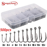 Sougayilang Fishing Hook 500Pc High Carbon Steel Silver Fish Hook with Box 3#-12# Strong Barbed Fishing Tackle Fishing Hook Set