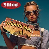 Chiang Mai Thailand Hot Air Balloon Temple 2D Flat Effect License Plate Style Metal Tin Sign, Thai Travel Themed Decorative Alum