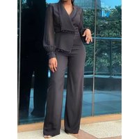 Office Elegant High Waisted Slim Long Playsuit Fashion Lapel Collar Mesh Party Romper 2025 Women Sexy Commuting Solid Jumpsuits