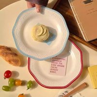 Ins Style Relief Ceramic White Plates Contras Color Dots Print Irregular Round Dessert Dishes Breakfast Household Tableware