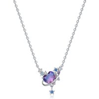 CYCUFF 925 Sterling Silver Purple Heart-shaped Zircon Necklace Pendant Necklace for Women Birthday Gifts Wedding Jewelry
