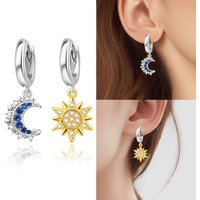 925 Sterling Silver Asymmetric Zircon Earrings With Golden Sun And Blue Moon Spicy Girl Style Fashion Accessories