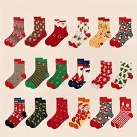 A Set of 10 Random Women's Christmas Mid-Calf Socks for Autumn and Winter, Fashionable Women's Socks with Cute Cartoon Santa Claus, Reindeer, and Snowman Designs, Warm Long Socks