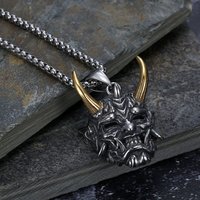 Vintage Japanese Prajina Demon Skull Mask Pendant Necklace For Men Boys Stainless Steel Hip Hop Rock Party Necklace Jewelry Gift