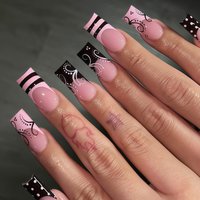 24pcs Sweet Punk Fake Nail Tips Pink Black French Polka Dot Striped Design INS Fashion Press On Nails Long Coffin False Nails