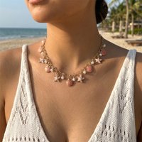 Boho Starfish Scallop Conch Pendant Necklace for Women Elegant Shell Pearl Tassel Metal Chain Choker Summer Beach Party Jewelry