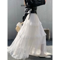 Retro Sweet White Long Skirt Women Casual Loose High Waist Elegant Skirt Vintage Lace Patchwork Korean Summer Long Skirts