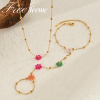 Freeteeme New Trendy Flower Necklace Bracelet for Women Girls Stainless Steel Gold Color Bead Chain Jewelry Set Wedding Gift