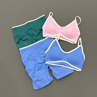 2Pcs Women Workout Set Ribbed Color Block Sports Bra High Waist Shorts Tummy Control Butt Lifting Yoga Gym Fitness Outfit