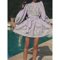 100% Linen Women Embroidery Purple Dress Lace-up High Waist Round Neck Lantern Sleeve Loose Fashion Mini Robe