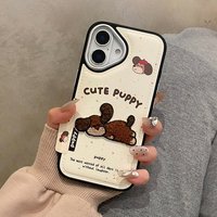 Cute 3D Embroidery Puppy Leather Texture Case For iPhone 17 Air 16 15 13 14 Pro Max Soft Shockproof Phone Back Cover