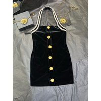 Retro neck hanging pearl sexy waist slimming women's velvet dress elegant party vacation classic new short skirt