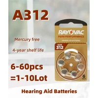 Hearing Aid Batteries 6-60PCS / 1-10Cards RAYOVAC PEAK 1.45V 312 312A A312 PR41 Zinc Air Battery For BTE CIC RIC OE Hearing Aids