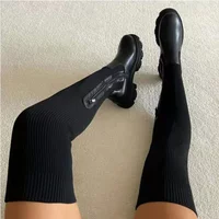 Damenstiefel mit dicker Sohle 2024 Herbst Winter Atmungsaktive Strickstiefel Damen Overknee-Stiefel Stretch Runde Zehenkappe Schuhe Übergröße 43