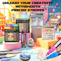 198 Colors, 9 Color Schemes, 22 Color Acrylic Markers, 0.7mm Ultra-Fine Needle Tip, Water-Based Ink with High Coverage, Quick-Drying, Waterproof, Visible Ink Level Window with Color Number