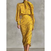 Holiday Dot Printing Simple Outfit, Women Spring Autumn Long Sleeve Elegant 2PCS Sets, Straight Skirts Fashion Chic Ladies Suits