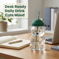 Cute Bear Shaped Glass Straw Cup with Lid Transparent Juice Cold Drink Water Cup Perfect for Kids and Adults Kitchen Office Use