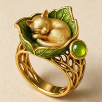 Vintage Lovely Cat Green Synthetic Gemstone Luxury Golden Ring for Women Exquisite Elegant Banquet Anniversary Jewelry Accessory