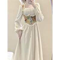 French Retro Palace Style Fake Two Piece Long Sleeve Dress For Women Spring Autumn Waist Show Slim Fit Square Neck Long Dresses