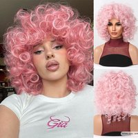 Afro Curly Bomb Bob Synthetic Wigs Short Deep Curl Pink Wigs for Women Halloween Cosplay Party Use Full Fluffy Afro Wigs Daily