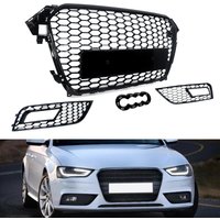 Magickit RS4 Style Honeycomb Racing Grills+ Front Bumper Fog Light Bezel For Audi A4 B8.5 2013-2016 8K0807681K01C, 8K0807682K01C