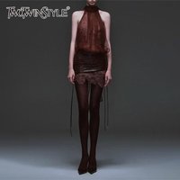 TWOTWINSTYLE Sexy Mesh Two Piece Sets for Women Halter Sleeveless Vest High Waist Leather Lace Skirt Slimming Set Female Fashion