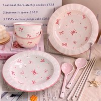 Korean Style Bowknot Underglaze Colored Bowl Plate Ceramic Dining Plate Home Salad Dessert Plate Household Art Tableware Set