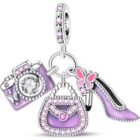 925 Sterling Silver Charms Bead CZ Zircon Purple Bag High Heels Camera Dangle Fit Original Bracelet DIY Women Jewelry Gift